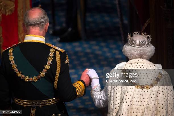 Queen Elizabeth II and Prince Charles, Prince of Wales attend the State Opening of Parliament by Queen Elizabeth II, in the House of Lords at the...