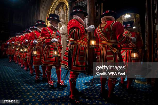 Yeoman of the Guard attend the ceremonial search, ahead of the State Opening of Parliament by Queen Elizabeth II at the Palace of Westminster on...