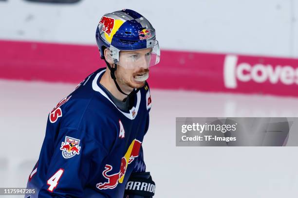 Blake Parlett of EHC Red Bull Muenchen looks on during the match between EHC Red Bull Muenchen and Iserlohn Roosters at Olympiaeishalle Muenchen on...