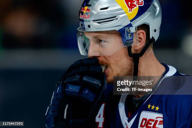 Blake Parlett of EHC Red Bull Muenchen looks on during the match between EHC Red Bull Muenchen and Iserlohn Roosters at Olympiaeishalle Muenchen on...