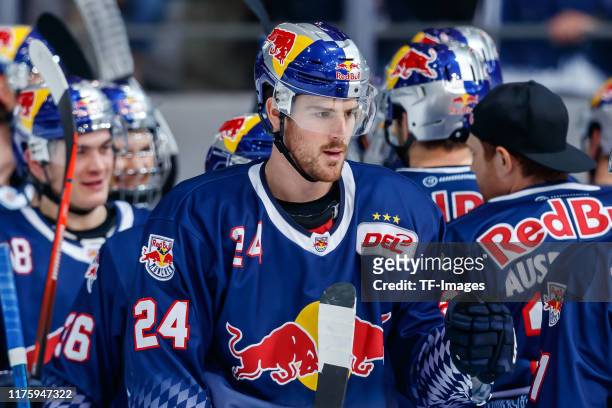 Robert Sanguinetti of EHC Red Bull Muenchen looks on during the match between EHC Red Bull Muenchen and Iserlohn Roosters at Olympiaeishalle Muenchen...