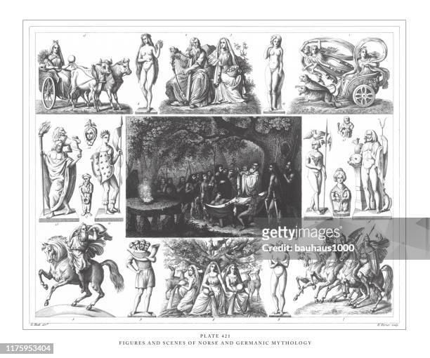 figures and scenes of norse and germanic mythology, engraving antique illustration, published 1851 - norse gods stock illustrations