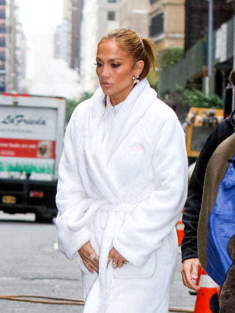 Jennifer Lopez is seen on the movie set of the 'Marry Me' at Plaza Hotel in Uptown, Manhattan on October 14, 2019 in New York City.