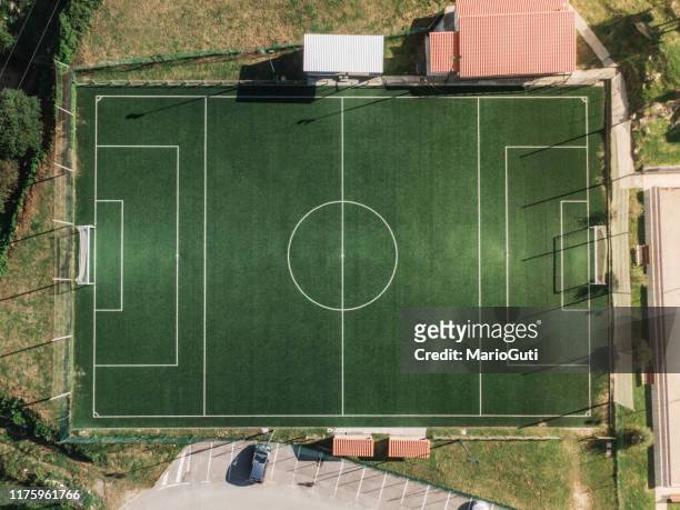 soccer field as seen from directly above - soccer field above stock pictures, royalty-free photos & images