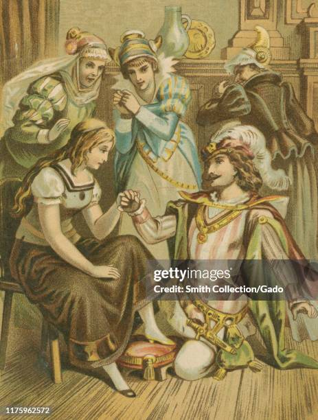 Color illustration of a scene from the book "Der Kinder-Wundergarten, Marchen aus aller Welt" edited by Friedrich Hofmann, featuring Cinderella...