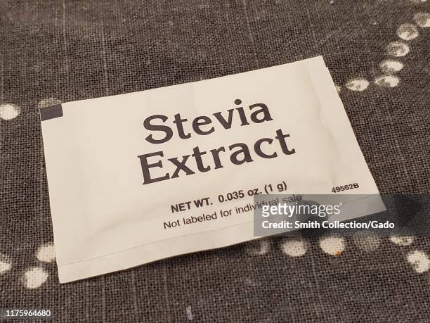 Close-up of packet of stevia extract, a plant-derived natural alternative to artificial sweeteners, September 20, 2019.