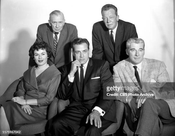 Perry Mason, a CBS television legal drama. Back row, left to right: Ray Collins and William Talman . Seated, left to right, Barbara Hale ; Raymond...