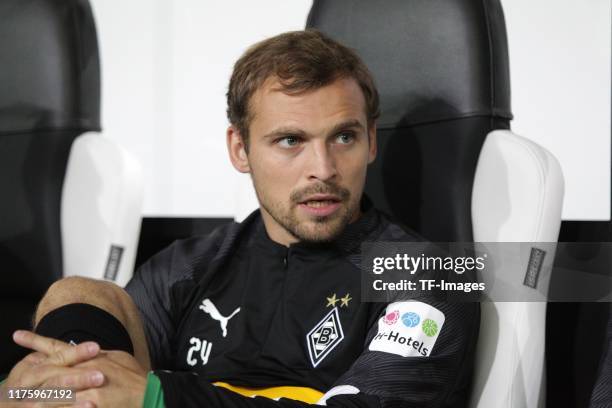 Tony Jantschke of Borussia Moenchengladbach sits on the bench prior to the UEFA Europa League group J match between Borussia Moenchengladbach and...