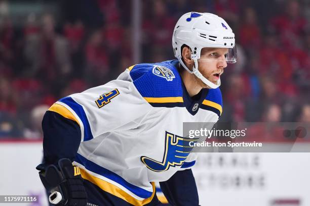 St. Louis Blues defenceman Carl Gunnarsson waits for a faceoff during the St. Louis Blues versus the Montreal Canadiens game on October 12 at Bell...