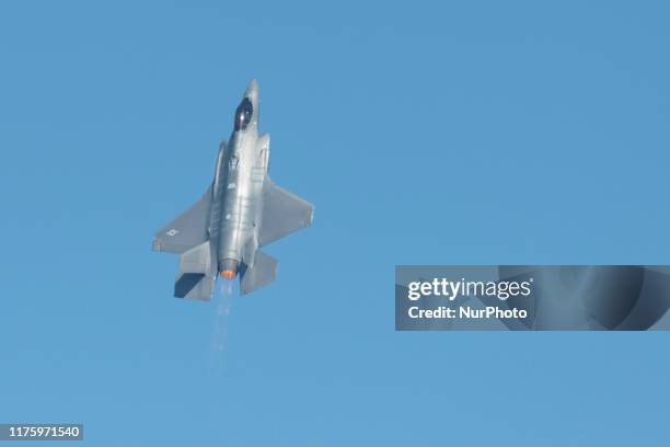 Air Force Lockheed Martin F-35 Lightning stealth fighter flies over the San Francisco Bay in San Francisco, California on October 13, 2019.