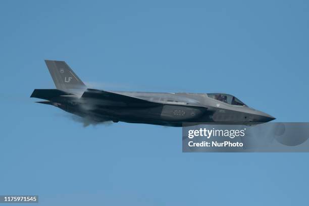 Air Force Lockheed Martin F-35 Lightning stealth fighter flies over the San Francisco Bay in San Francisco, California on October 13, 2019.