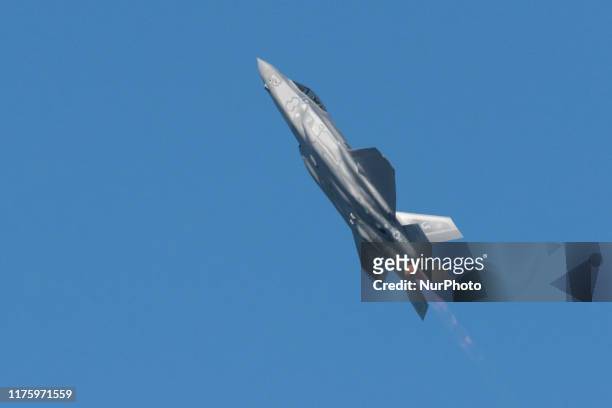 Air Force Lockheed Martin F-35 Lightning stealth fighter flies over the San Francisco Bay in San Francisco, California on October 13, 2019.