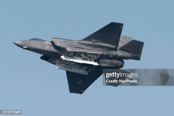 Air Force Lockheed Martin F-35 Lightning stealth fighter flies over the San Francisco Bay in San Francisco, California on October 13, 2019.