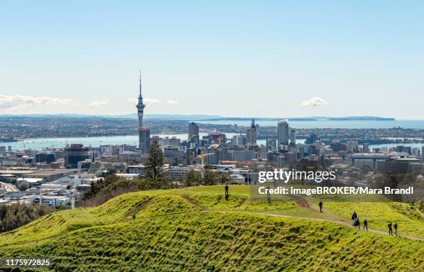 view from mount eden, volcanic craters, skyline with skyscrapers, auckland region, north island, new zealand - mount eden stockfoto's en -beelden