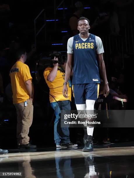 Amida Brimah of the Indiana Pacers walks on to the court during Fan Jam on October 13, 2019 in Indianapolis, Indiana. NOTE TO USER: User expressly...