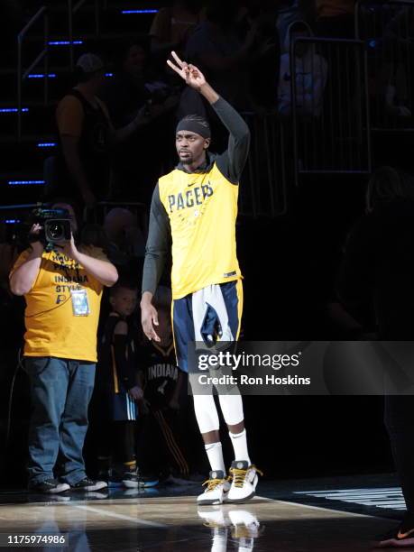 Justin Holiday of the Indiana Pacers walks on to the court during Fan Jam on October 13, 2019 in Indianapolis, Indiana. NOTE TO USER: User expressly...