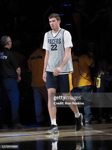 Leaf of the Indiana Pacers walks on to the court during Fan Jam on October 13, 2019 in Indianapolis, Indiana. NOTE TO USER: User expressly...