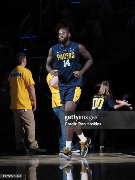 JaKarr Sampson of the Indiana Pacers runs on to the court during Fan Jam on October 13, 2019 in Indianapolis, Indiana. NOTE TO USER: User expressly...