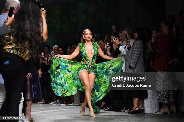 Jennifer Lopez walks the runway at the Versace show during the Milan Fashion Week Spring/Summer 2020 on September 20, 2019 in Milan, Italy.