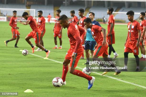 Bangladesh national Football player Jamal Bhuyan with jersey number 6 practises a day before the FIFA World Cup 2022 qualifier match against India,...