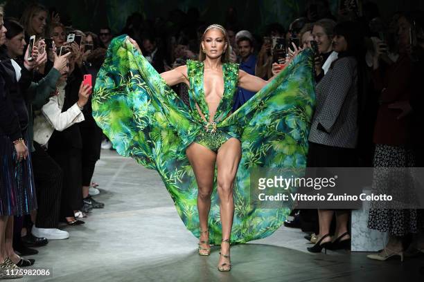 Jennifer Lopez walks the runway at the Versace show during the Milan Fashion Week Spring/Summer 2020 on September 20, 2019 in Milan, Italy.