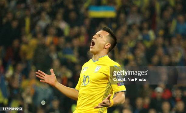 Ukraine's Yevhen Konoplyanka reacts during of the Euro 2020 group B qualifying soccer match between Ukraine and Portugal at the Olympic stadium in...
