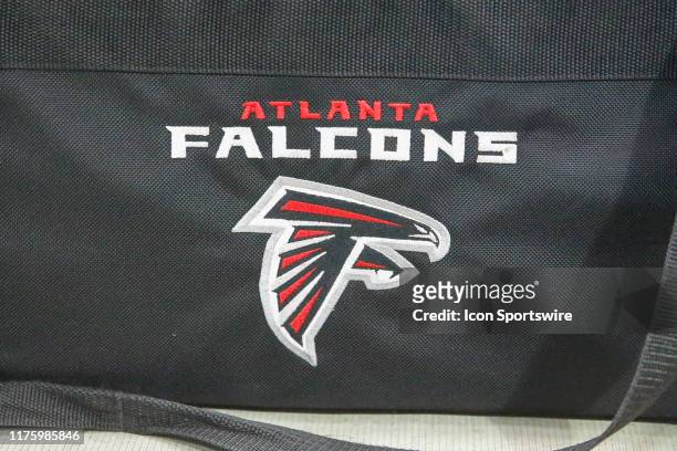 The Atlanta Falcons logo on a bag during the NFL football game between the Atlanta Falcons and the Arizona Cardinals on October 13, 2019 at State...