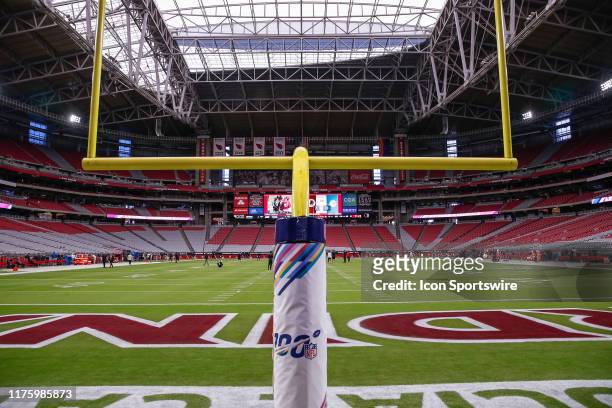 Wide view of a goal post, field and the stadium before the NFL football game between the Atlanta Falcons and the Arizona Cardinals on October 13,...