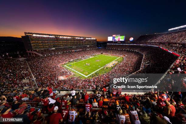 General view of the interior of Levis Stadium from an elevated level at sunset during the NFL regular season football game between the Cleveland...