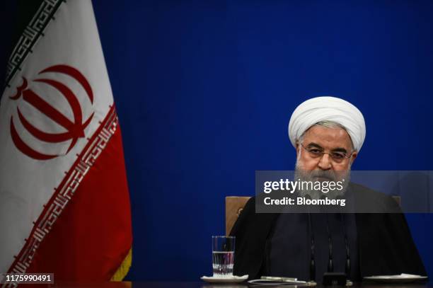 Hassan Rouhani, Iran's president, pauses whilst speaking during a news conference in Tehran, Iran, on Monday, Oct. 14, 2019. Rouhani said the attack...