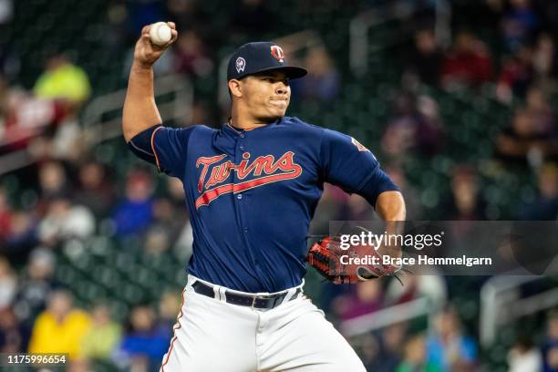 Brusdar Graterol of the Minnesota Twins pitches against the Washington Nationals on September 11, 2019 at the Target Field in Minneapolis, Minnesota....