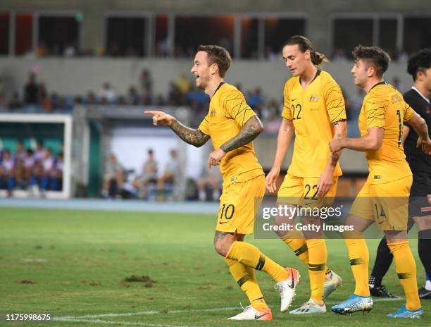 Adam Taggart of Australia scores during the FIFA World Cup Qatar 2022 and AFC Asian Cup China 2023 Preliminary Joint Qualification Round 2 match...