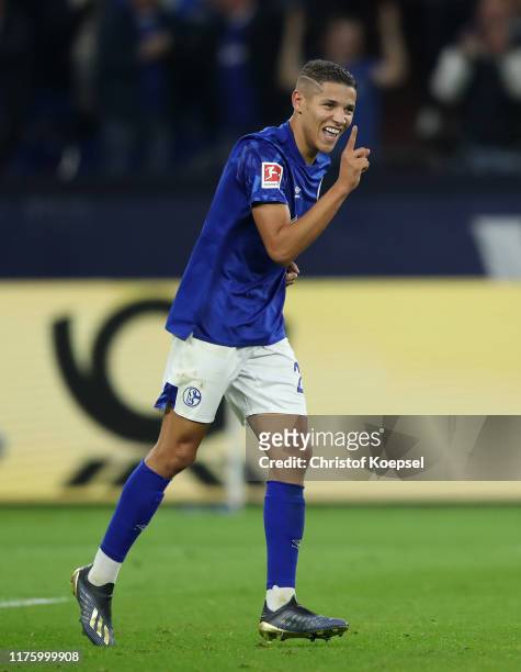 Amine Harit of FC Schalke 04 celebrates scores his team's second goal during the Bundesliga match between FC Schalke 04 and 1. FSV Mainz 05 at...