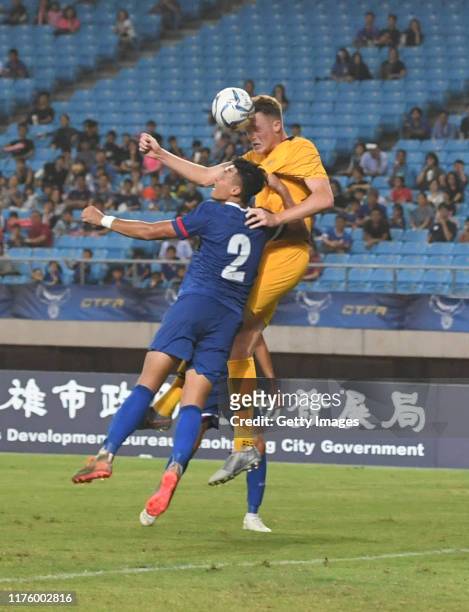 Harry Souttar of Australia scores during the FIFA World Cup Qatar 2022 and AFC Asian Cup China 2023 Preliminary Joint Qualification Round 2 match...