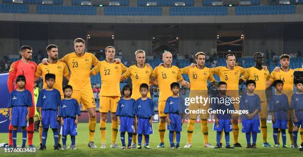 Team Australia singing national anthem during the FIFA World Cup Qatar 2022 and AFC Asian Cup China 2023 Preliminary Joint Qualification Round 2...