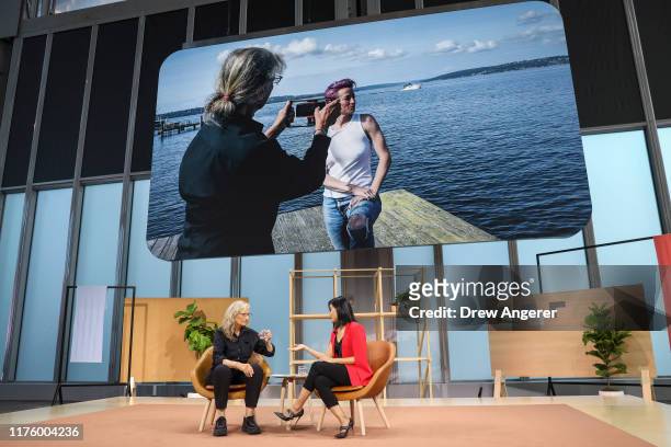 American photographer Annie Leibovitz discusses the new camera features on the new Google Pixel 4 smartphone during a Google launch event on October...