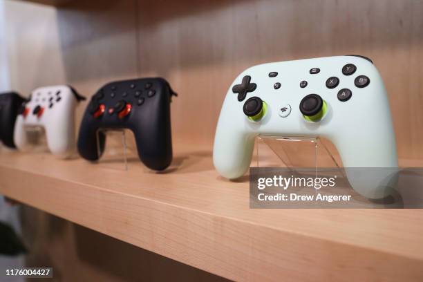 The new Google Stadia gaming system controller is displayed during a Google launch event on October 15, 2019 in New York City. Google's Stadia game...