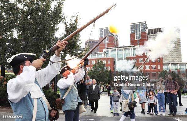 The Aleppo Minutemen make noise as the annual Columbus Day Parade winds through downtown Boston on Oct. 13, 2019.