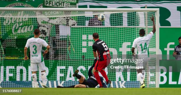 Maximilian Wittek of SpVgg Greuther Fuerth , goalkeeper Sascha Burchert of SpVgg Greuther Fuerth , Benedikt Roecker of SV Wehen Wiesbaden and...