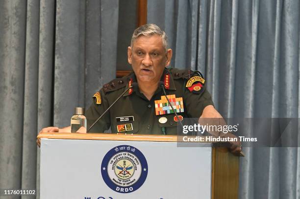 Chief of the Army Staff General Bipin Rawat addresses the audience during 41st DRDO directors conference, at Kothari Auditorium, DRDO Bhawan on...