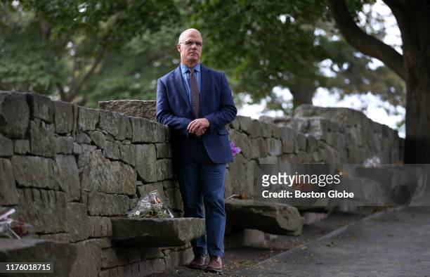 John Keenan, a direct descendant of Rebecca Nurse, who was executed for witchcraft, poses for a portrait at the Salem Witch Memorial in Salem, MA on...