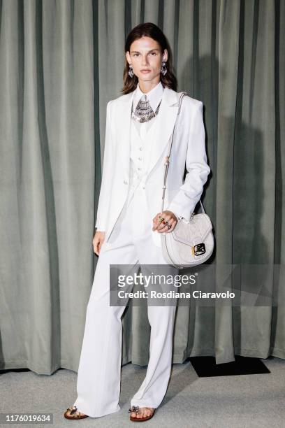 Giedre Dukauskaite poses at backstage for Etro fashion show during the Milan Fashion Week Spring/Summer 2020 on September 20, 2019 in Milan, Italy.