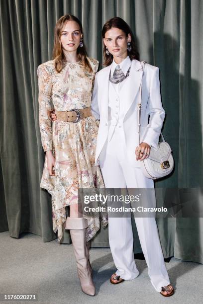 Fran Summers and Giedre Dukauskaite pose at backstage for Etro fashion show during the Milan Fashion Week Spring/Summer 2020 on September 20, 2019 in...