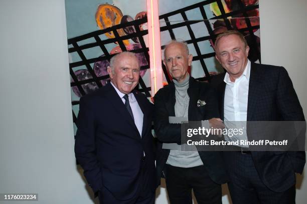 Francois Pinault, artist Martial Raysse and CEO of Kering Group, Francois-Henri Pinault pose in front of a Martial Work "Noon Mediterranean...