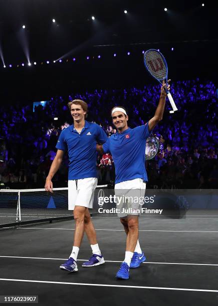 Roger Federer and Alexander Zverev of Team Europe celebrate match point during their doubles match against Jack Sock and Denis Shapovalov of Team...