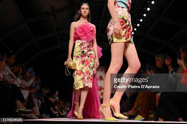 Model, shoe detail, walks the runway at the Blumarine show during the Milan Fashion Week Spring/Summer 2020 on September 20, 2019 in Milan, Italy.