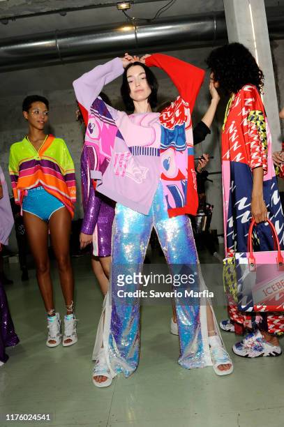 Model prepares backstage for Iceberg fashion show during the Milan Fashion Week Spring/Summer 2020 on September 20, 2019 in Milan, Italy.