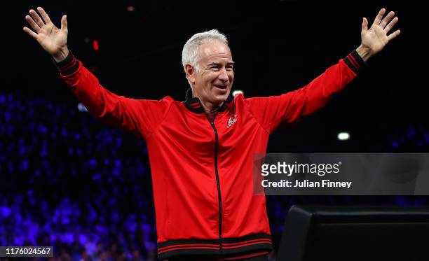 John McEnroe, Captain of Team World celebrates during the doubles match between Roger Federer and Alexander Zverev of Team Europe and Jack Sock and...