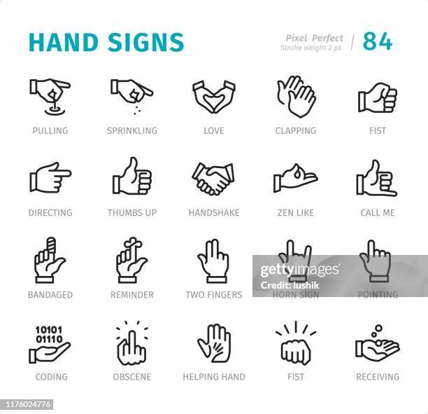 hand signs - pixel perfect line icons with captions - bandage stock illustrations