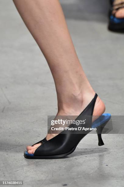 Model, shoe detail, walks the runway at the Sportmax show during the Milan Fashion Week Spring/Summer 2020 on September 20, 2019 in Milan, Italy.